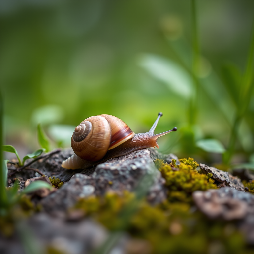 macro shot of a snail on a rock surrounded by greenery with soft focus background, aperture f/2.8, shutter speed 1/200s, ISO 100, taken with a DSLR camera, 50mm lens, natural light