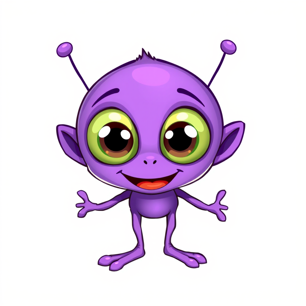 Create an illustration of a purple alien character with large eyes, a quirky smile, and cartoonish limbs, in a bright and colorful style with a white background, using a digital drawing tablet with a resolution of 300 DPI, focused on vibrant colors and clean outlines, captured at a high-angle view with soft lighting.
