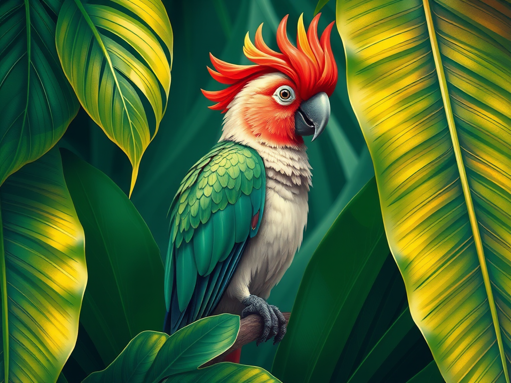 Create a digital illustration of a cockatoo perched among lush tropical leaves with vibrant colors and textures, using a high-resolution setting with a 50mm lens, f/1.8 aperture, ISO 100, and natural soft lighting for enhanced detail and depth.