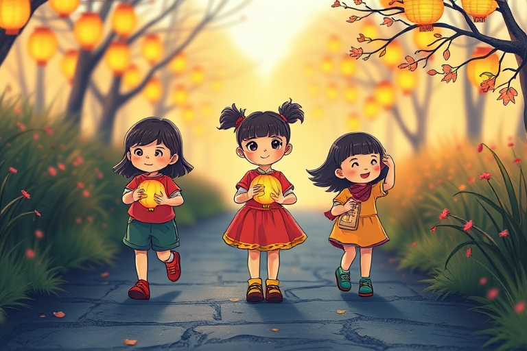 Create a high-resolution color illustration of three children walking on a path holding lanterns, with a whimsical and cheerful style, using a Canon EOS 5D Mark IV, 50mm lens, aperture f/2.8, ISO 100, 1/200 sec, front view, soft natural lighting to enhance vibrancy and detail.