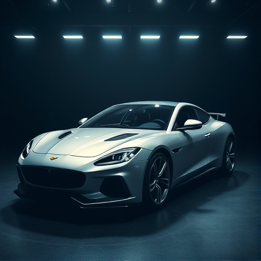 Generate an image of a sleek, modern silver car in a dark studio setting with dramatic lighting highlighting the contours, using a Canon EOS R5 camera, 50mm lens, f/1.8 aperture, ISO 100, 1/200 sec shutter speed, shot from a low angle for a dynamic perspective.