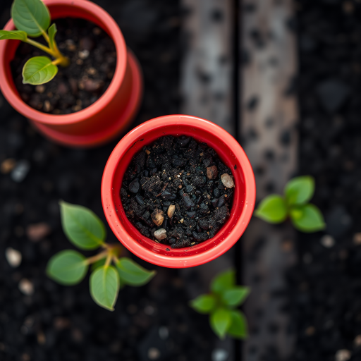 Create a high-resolution image of a red flower pot with soil on top, captured with a DSLR camera at f/2.8 aperture, ISO 100, 50mm lens, top-down view, natural light, with a soft focus background.