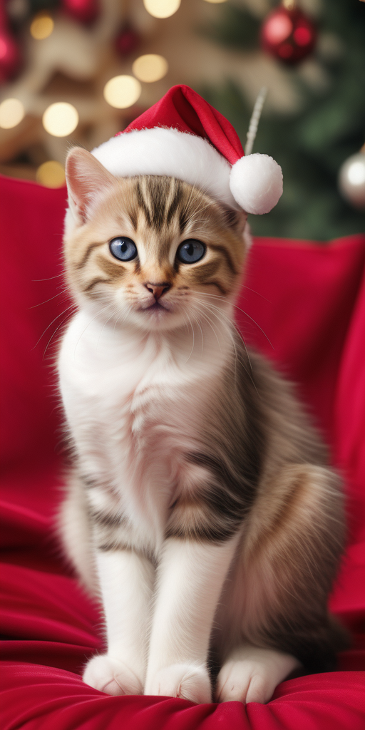 A Playful Kitten Wearing a Santa Hat Amidst Holiday Decorations.