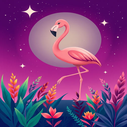 Create an image of a cartoon flamingo standing gracefully on one leg against a bright, starry background with vibrant plants in the foreground, captured with a DSLR camera at f/2.8, ISO 100, 50mm lens, top-down view, bright color palette, flat illustration style.