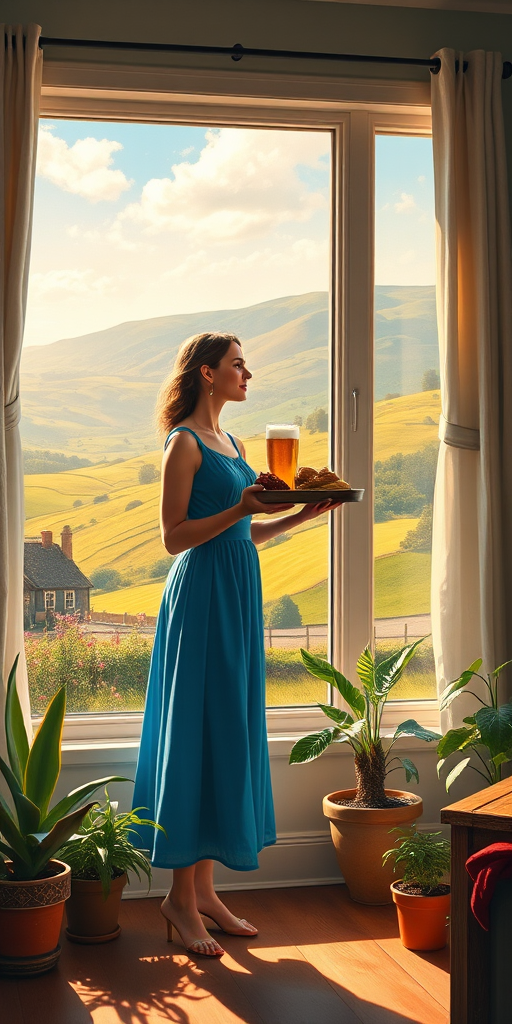In "A Glass of Beer on the Highland," a serene scene is depicted in a sunlit room where a woman in a vibrant blue dress stands by a large window. She holds a tray with a hearty meal and a frothy glass of beer, embodying a moment of relaxation. Outside, the breathtaking highland landscape features rolling green hills and a charming traditional house, all bathed in warm afternoon light. The interior is adorned with potted plants, creating a harmonious blend of comfort and nature. The painting beautifully captures the tranquility and joy found in simple pleasures amidst stunning scenery