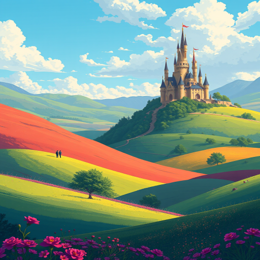 Create a vibrant illustration of a fantasy landscape featuring rolling hills and a magical castle in the background, use a Canon EOS R5 camera with a 24mm lens, aperture set to f/8, ISO 200, in a wide-angle view, with soft natural lighting.