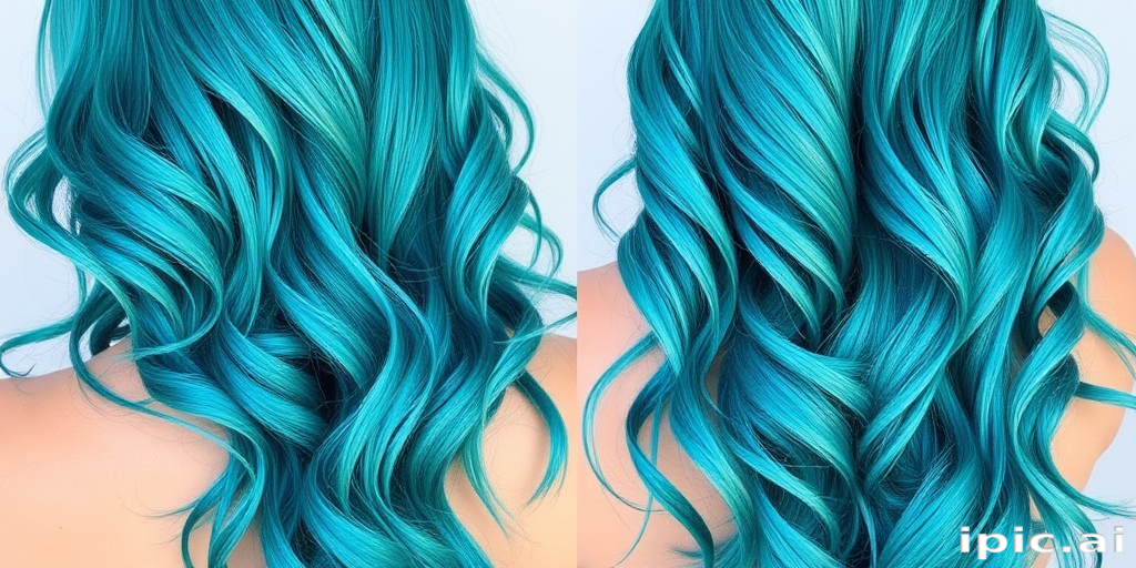 Vibrant teal mermaid waves cascading down to the waist, shimmering with iridescent highlights, styled in loose beachy curls called "Ocean's Whisper" exuding a carefree and ethereal vibe