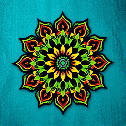 Create a vibrant mandala pattern on a textured teal background, using a DSLR camera with a 50mm lens, aperture set to f/1.8, ISO 200, and a shallow depth of field for enhanced image quality and clarity.