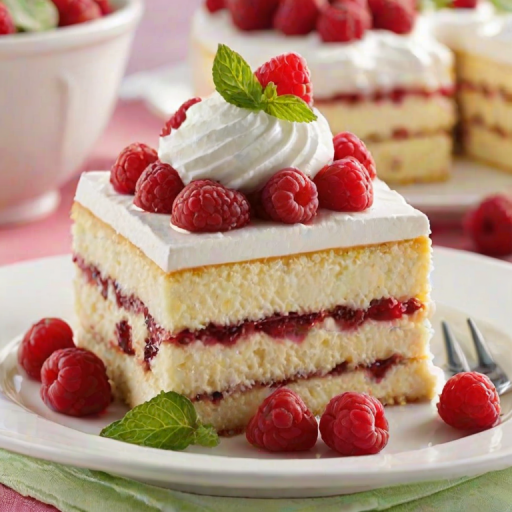 Generate an image of a layered dessert featuring a rich raspberry filling, fluffy whipped cream on top, and a garnish of a fresh raspberry and mint leaf. The dessert should be served on a white plate with a drizzle of raspberry sauce. The layers should include sponge cake and fruit, creating a visually appealing treat.