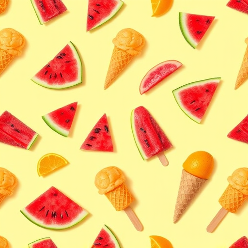 Create a vibrant, seamless pattern of watermelon slices, ice cream cones, and frozen orange pops on a light yellow background, shot with a Canon EOS R5 at f/8 aperture, ISO 100, and 50mm lens for sharp detail and bright colors.