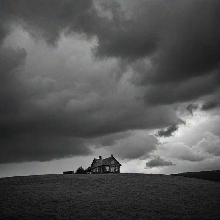 a solitary house on a hill under a moody, overcast sky with dramatic clouds, in monochrome tones