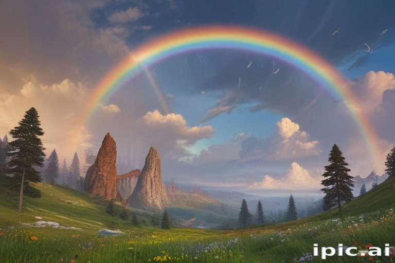 A Majestic Landscape Featuring a Vibrant Rainbow Over Serene Mountains