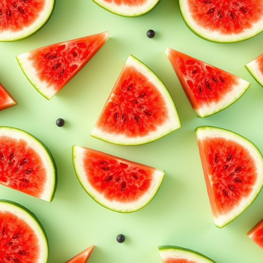 Create a high-resolution image of a patterned design featuring watermelon slices with a light green background, use a Canon EOS R5, 50mm lens, aperture f/2.8, ISO 100, and soft natural lighting to enhance colors and texture.