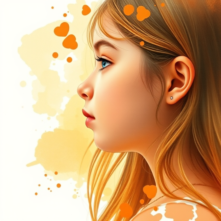 Regenerate a watercolor portrait of a girl in profile with soft, abstract backgrounds in orange and yellow tones, captured with a DSLR camera, 50mm lens, aperture f/1.8, ISO 100, natural lighting, shallow depth of field.