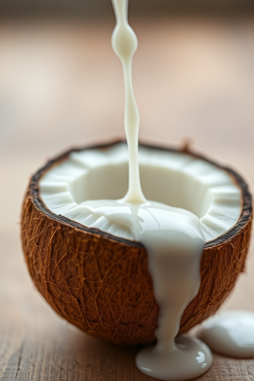 Coconut half with coconut milk pouring out, macro shot, soft natural lighting, f/2.8 aperture, 50mm lens, ISO 100, shallow depth of field, DSLR camera