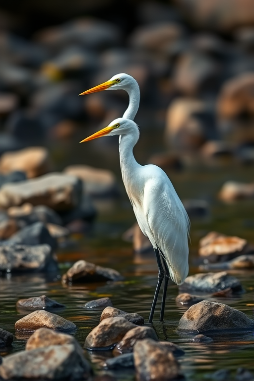 A Great Egret standing in shallow water surrounded by rocks, captured with a Canon EOS 5D Mark IV, 85mm lens, ISO 200, f/4, 1/500 sec, soft natural light, shallow depth of field, focus on the bird with a blurred background.
