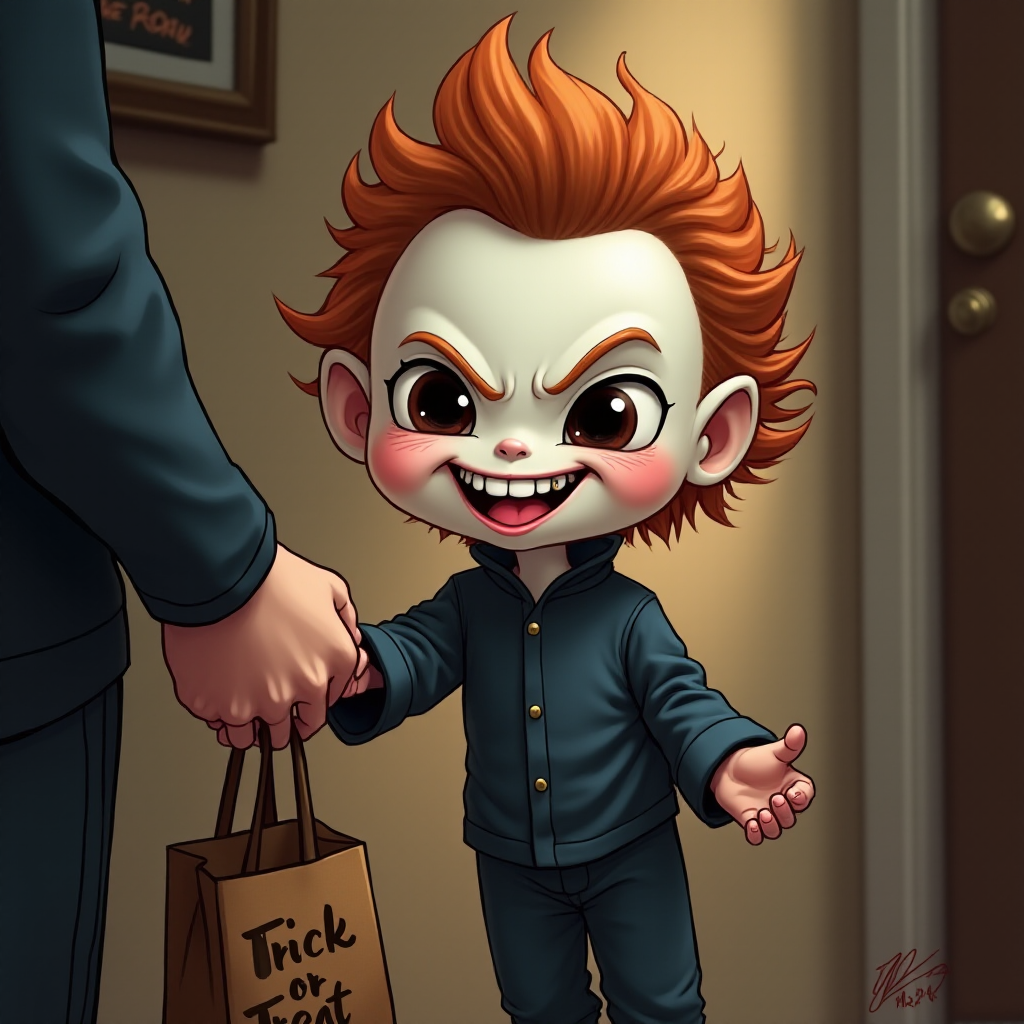 A whimsical caricature of a child version of Michael Myers, grinning mischievously. He is held by the hand of an unrecognizable person (only their hand visible), while holding a bag labeled 'Trick or Treat.' His facial expression is playful yet slightly menacing, reflecting his iconic figure. The scene is in portrait format with a Halloween theme, featuring exaggerated cartoon details like big eyes, a small body, and a creepy yet light-hearted tone.