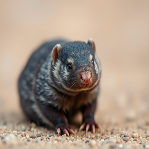 a cute mole creature sitting on a neutral background, soft focus, f/2.8 aperture, 50mm lens, ISO 100, natural lighting, shallow depth of field, macro photography, high resolution