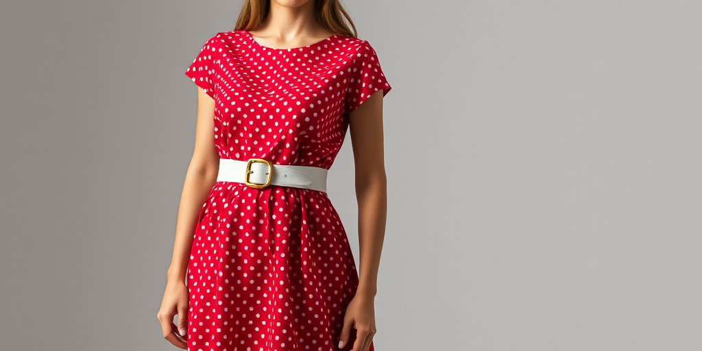 A woman in a red polka dot dress with a white belt, standing confidently, studio lighting, focal length 50mm, aperture f/2.8, ISO 100, high dynamic range, portrait orientation, DSLR camera
