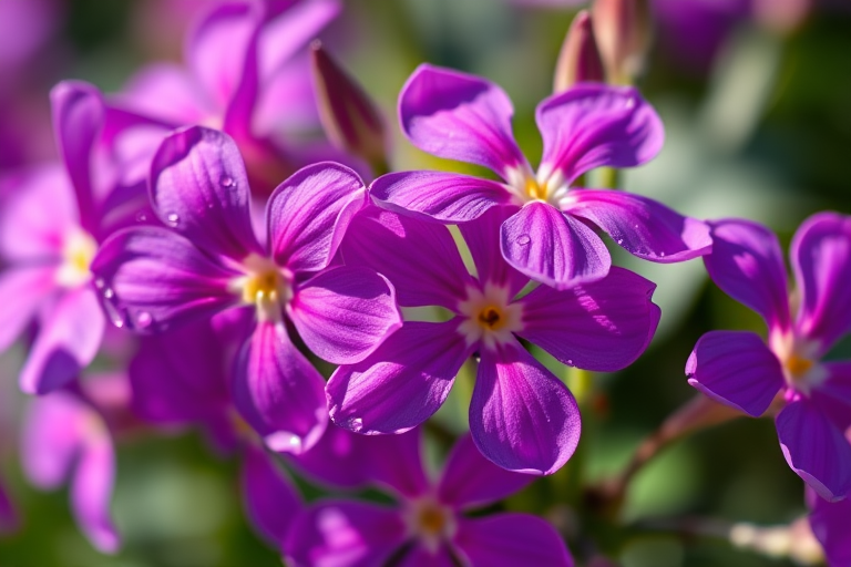 macro shot of vibrant purple flowers with water droplets, shallow depth of field, f/2.8 aperture, 50mm lens, ISO 100, natural sunlight, DSLR camera