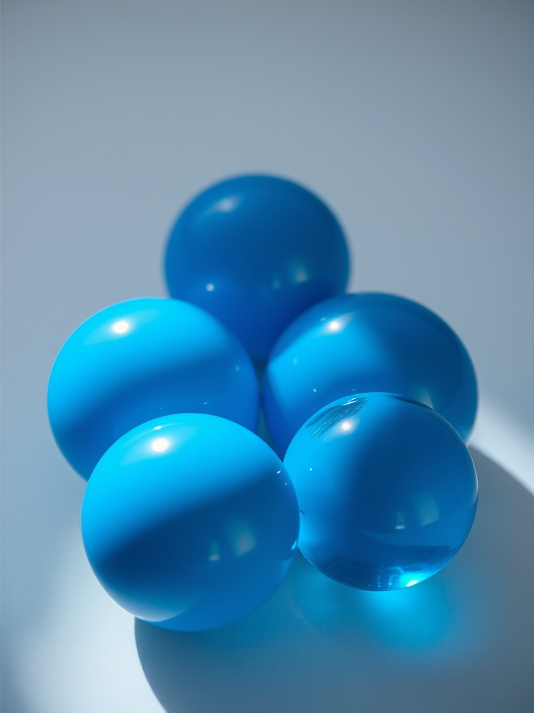 Create a high-resolution image of four glossy blue spheres arranged in a cluster, shot with a Canon EOS R5, 50mm lens, f/1.8 aperture, ISO 100, 1/200s shutter speed, soft natural lighting, and a slight drop shadow for depth.