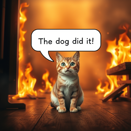 Photorealistic image of an innocent-looking cat sitting calmly in the middle of a burning room. Flames engulf the room, with fire licking up the walls and smoke filling the air. The cat is sitting on the floor, looking directly at the viewer with wide, innocent eyes. Above the cat, a speech bubble says "The dog did it!" The contrast between the cat's calm demeanor and the chaos around it creates a humorous and surreal scene.