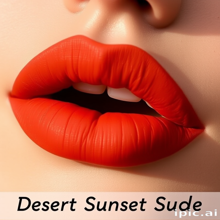 Rusty terracotta lips with a velvety matte texture and earthy undertones, dubbed "Desert Sunset Suede"