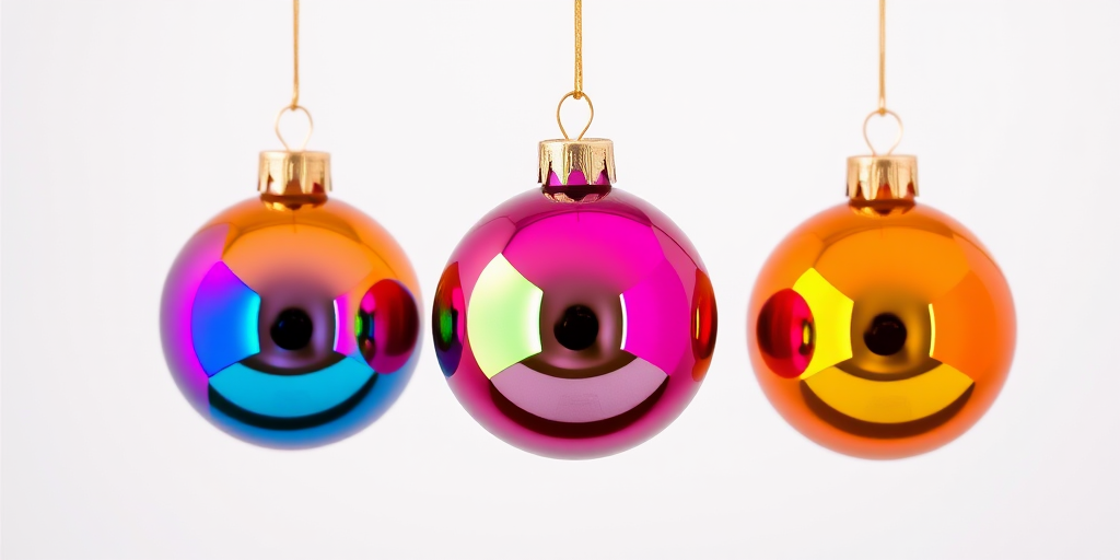 Create a high-resolution image of three colorful Christmas ornaments hanging against a plain white background, with a 50mm lens, f/2.8 aperture, ISO 100, and soft lighting to enhance the vivid colors and reflections, captured using a DSLR camera.