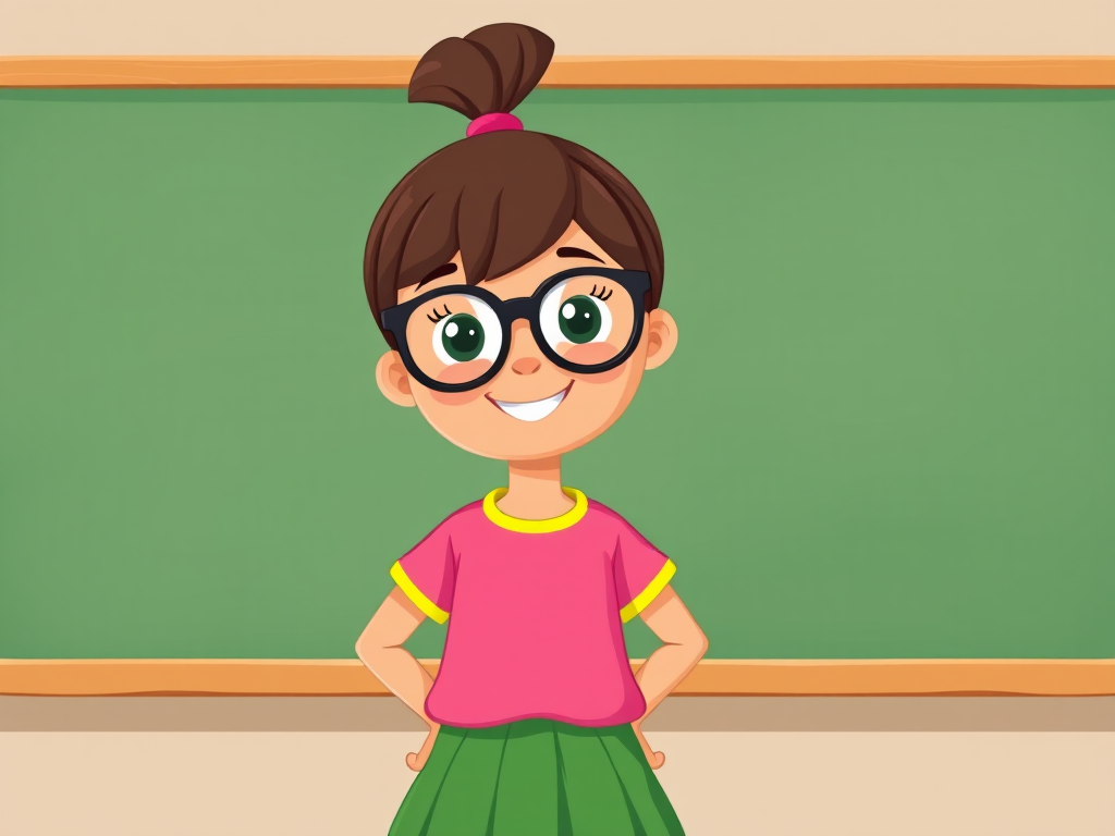 Create an illustration of a cheerful cartoon girl with glasses standing in front of a chalkboard, wearing a pink shirt with a yellow stripe and a green skirt, shot with a Canon EOS R5 at f/2.8, ISO 100, 24mm, with a bright and vibrant color palette, in a flat design style.