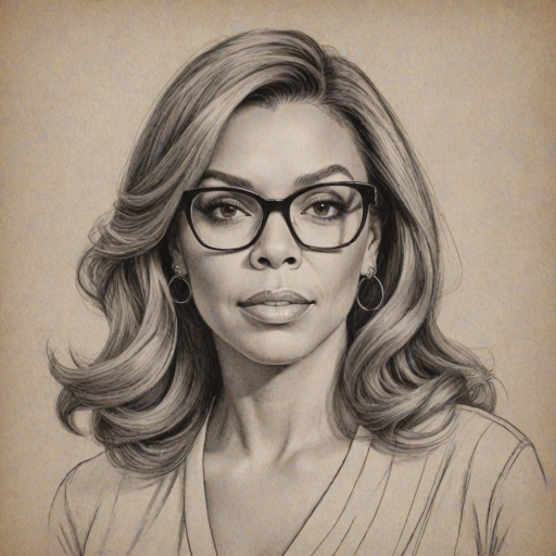 Ravishing Wendy Williams, pencil sketch, portrait of Stunning woman 1950s in glasses, hair style beatnik, outline, clear lines, fine lines, 8k