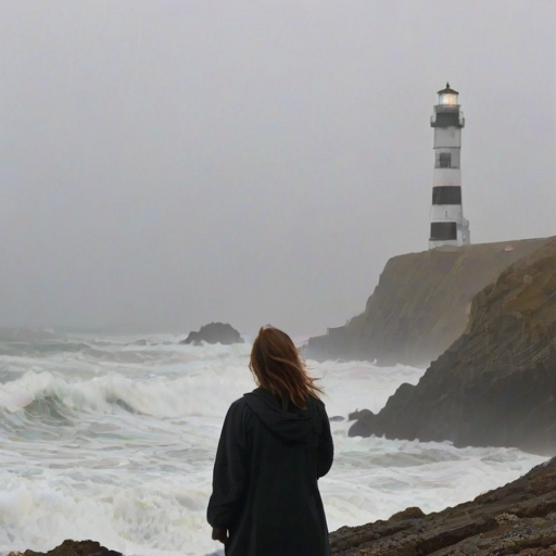 Foggy morning at a seaside cliff, waves crashing below, a woman stands at the edge, her hair blowing wildly in the wind, with a lighthouse in the distance.