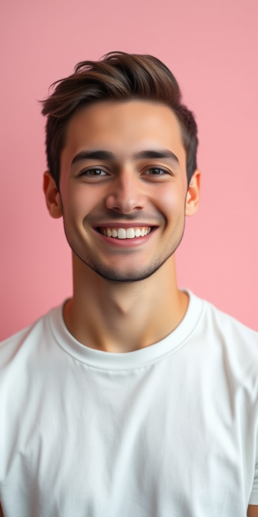 portrait of a smiling young man in a plain white t-shirt against a soft pink background, 50mm lens, f/1.8 aperture, ISO 100, 1/200s shutter speed, soft lighting, studio setup, DSLR camera