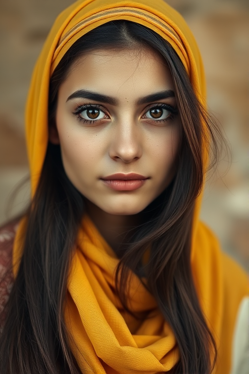 Create a portrait of a young Coptic woman with long, dark hair and captivating hazel eyes. She is wearing a Yellow headscarf and a matching scarf draped gracefully around her neck. The background is softly blurred, focusing attention on her serene and natural expression. The overall color palette is muted and warm, enhancing the intimate and authentic feel of the portrait.