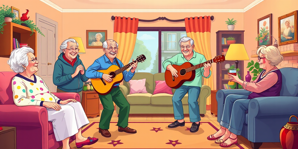 Create a vibrant and playful illustration of an elderly gathering in a cozy living room, featuring two couples dancing joyfully, a man playing guitar, and a woman sitting with a drink, all surrounded by colorful decor; use a digital illustration style with bright colors and detailed backgrounds, similar to a high-resolution 300 DPI format, with a focus on warm lighting and inviting atmosphere.