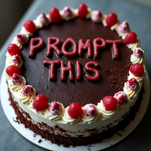 black forest gateau cake, spelling out the words "PROMPT THIS", tasty, food photography, dynamic shot