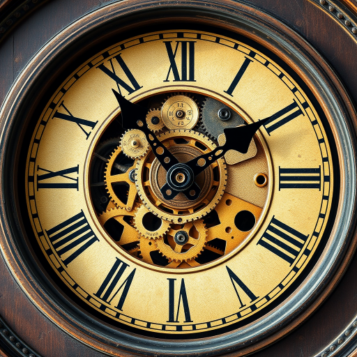 Create a detailed illustration of a vintage clock face with Roman numerals and intricate gear mechanisms, using a DSLR camera with a 50mm lens, aperture set to f/1.8, ISO 100, focal length 50mm, shot in natural light from a top-down view to enhance clarity and detail.