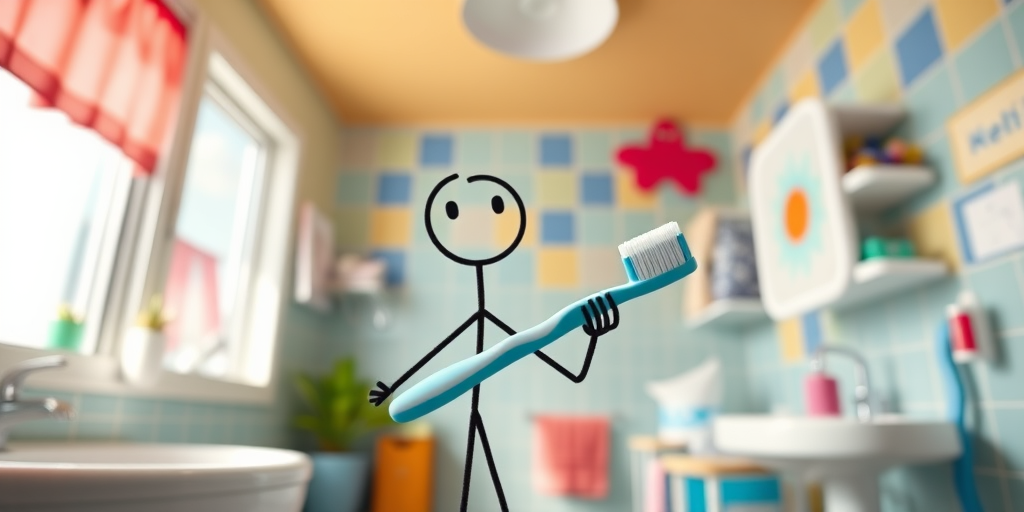Create a high-resolution cartoon-style image of a stick figure holding a toothbrush, captured with a Canon EOS R5 at f/2.8, ISO 100, 50mm lens, in a bright and colorful environment, top-down camera view.