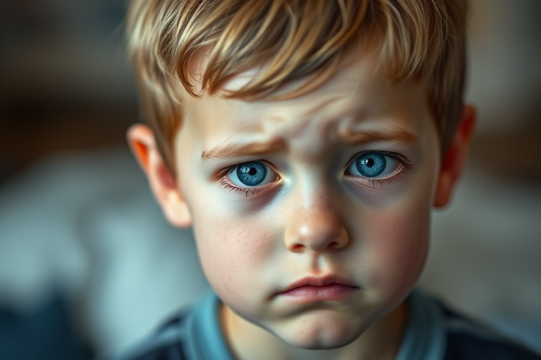 Create a high-resolution portrait of a young boy with blue eyes and a worried expression, capturing intricate details of his face, soft bokeh background, shot with a DSLR camera, 50mm lens at f/1.8, ISO 100, natural lighting.