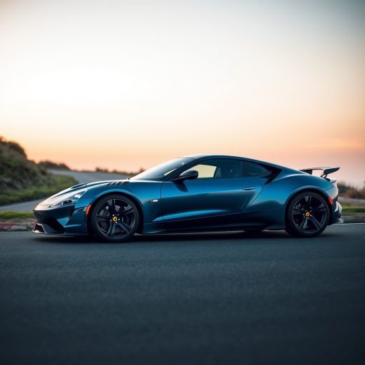 Generate an image of a luxury sports car parked on the side of a road during what appears to be dawn or dusk, given the soft light and shadows. The car should have a sleek design with aerodynamic features, a low-profile stance, and large, alloy wheels. It should display a contemporary color scheme, possibly a unique shade of blue that matches well with the ambient light in the setting. The vehicle's bodywork should gleam, reflecting the surrounding environment, and it should have distinctive lighting accents that enhance its sporty appearance. In the background, there should be a roadside with a grassy embankment on one side and possibly some trees or shrubbery along the edge of the pavement. The overall mood of the image should convey a sense of luxury, speed, and the tranquility of an early morning or late evening drive.