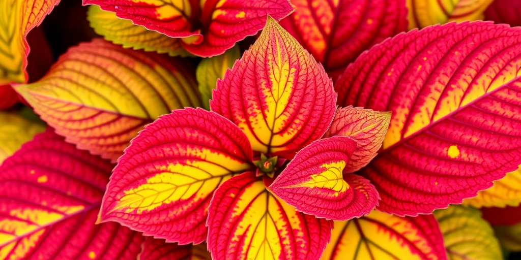 Close-up shot of vibrant coleus leaves with red, yellow, and green patterns, using a macro lens, f/2.8 aperture, ISO 100, natural light, shot with a DSLR camera from a top-down angle to enhance color saturation and detail.