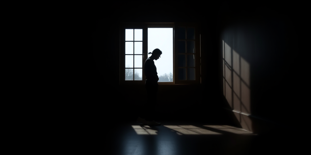 Create a dimly lit image of a person in silhouette with a window in the background, shot with a DSLR camera at f/1.8, ISO 800, shutter speed 1/60s, in portrait view, using a low-angle shot to emphasize the shadow on the floor.
