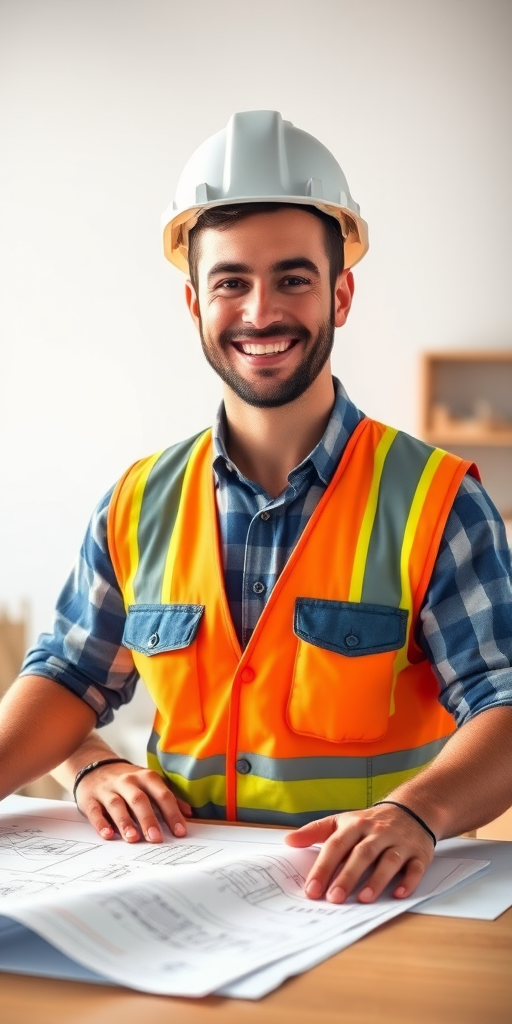 Create a high-resolution digital illustration of a smiling male construction worker wearing a hard hat and safety vest, standing over blueprints on a table, captured with a DSLR camera at f/8 aperture, 24mm focal length, natural lighting, with a clean background to enhance image quality.
