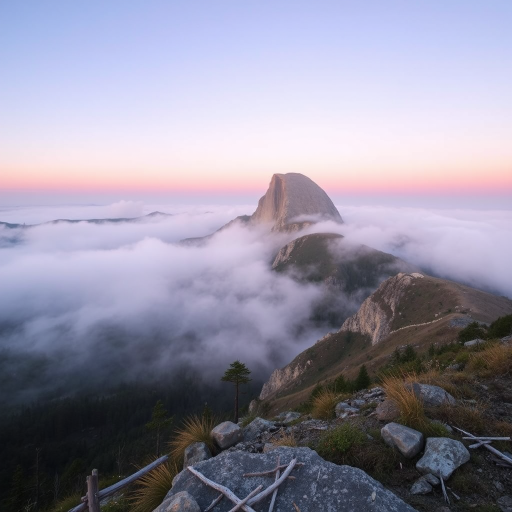 Capture a misty mountain landscape at dawn with soft pastel colors, using a DSLR camera at f/8 aperture, ISO 100, 1/250 sec shutter speed, a wide-angle lens, and an elevated viewpoint for depth and clarity.
