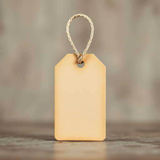 Create a high-resolution image of a blank beige tag with a rope loop at the top, using a DSLR camera set to f/2.8 aperture, 50mm lens, ISO 100, natural lighting, and a soft focus background for an artistic effect.