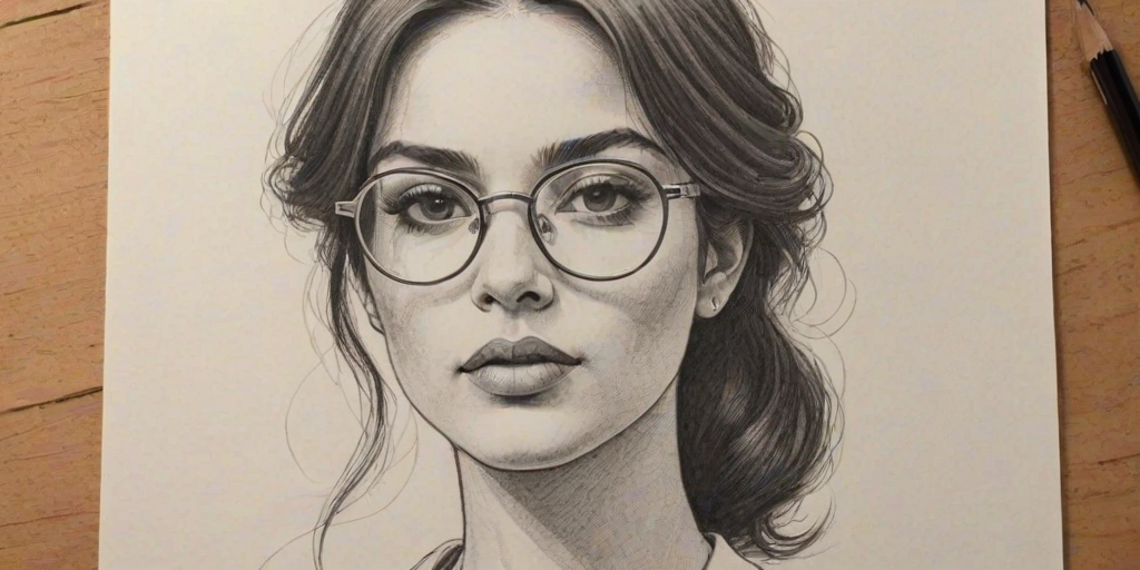 Dazzling Isabela Merced, pencil sketch, portrait of Sublime woman 1972s in glasses, hair style beatnik, outline, clear lines, fine lines, 8k