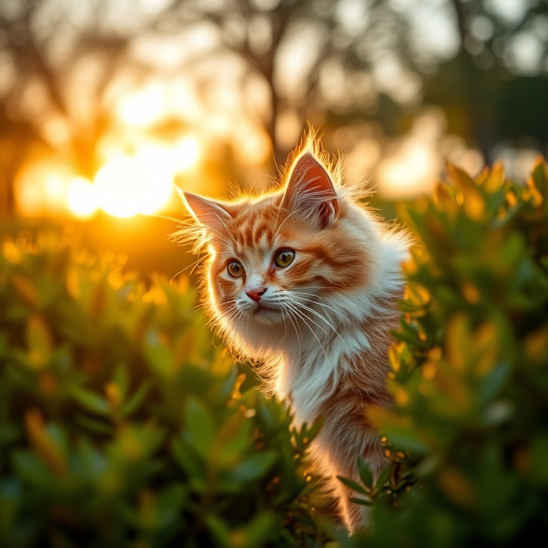 Generate a high-quality image of a fluffy orange and white cat peeking out from behind a bush in a well-lit outdoor setting during golden hour, camera settings: f/2.8, ISO 200, shutter speed 1/100s, camera view: eye-level, camera style: natural light, camera type: DSLR.