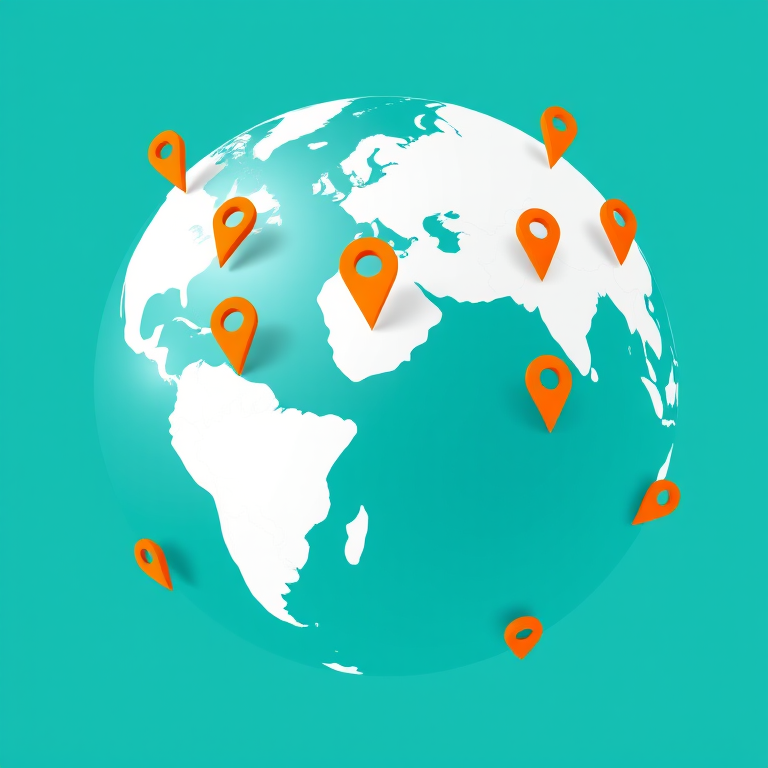 Create a high-resolution vector-style image of a globe with a teal background, showing continents in white and map markers in orange indicating various locations, using a DSLR camera with a 50mm lens, f/8 aperture, 1/200 second shutter speed, and natural lighting.