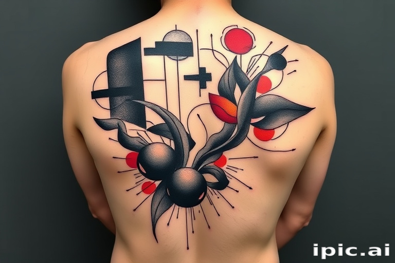 Avant-garde abstract tattoo with bold geometric shapes and fluid organic forms, rendered in a striking monochromatic palette with pops of vibrant color for a contemporary artistic statement