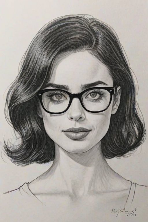 Radiant Krysten Ritter, pencil sketch, portrait of Fascinating woman 1961s in glasses, hair style beatnik, outline, clear lines, fine lines, 8k