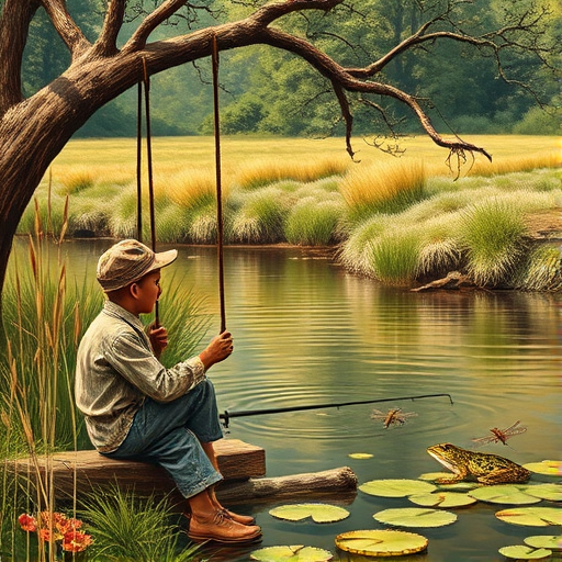 Imagine a small group of old fashioned young boys out fishing by the creek, a swing hanging from a tree branch, reeds and grasses by the water's edge, a frog sitting on a lily pad, dragonflies hovering over som water plans, a very iconic old fashioned scene reminiscent of a Norman Rockwell painting style